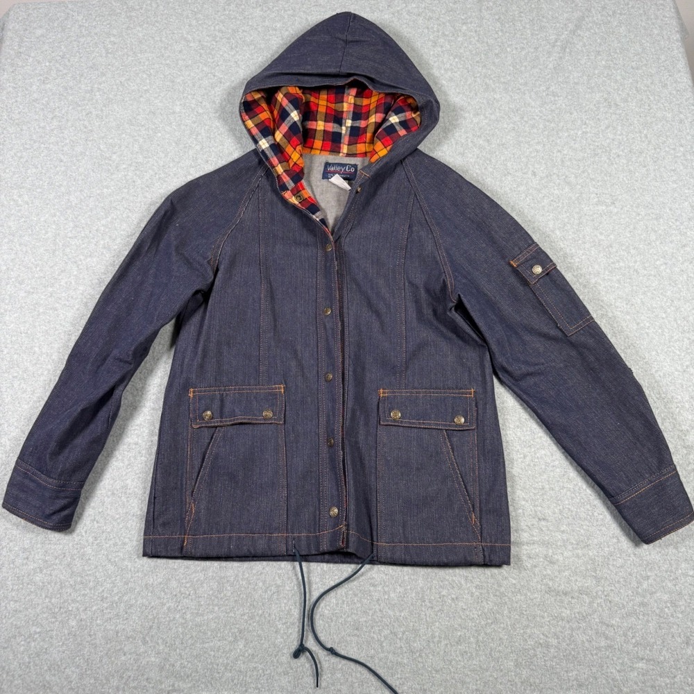 Vintage 70s Valley Co Denim Hooded Chore Jacket Medium Blue Plaid Snap Utility